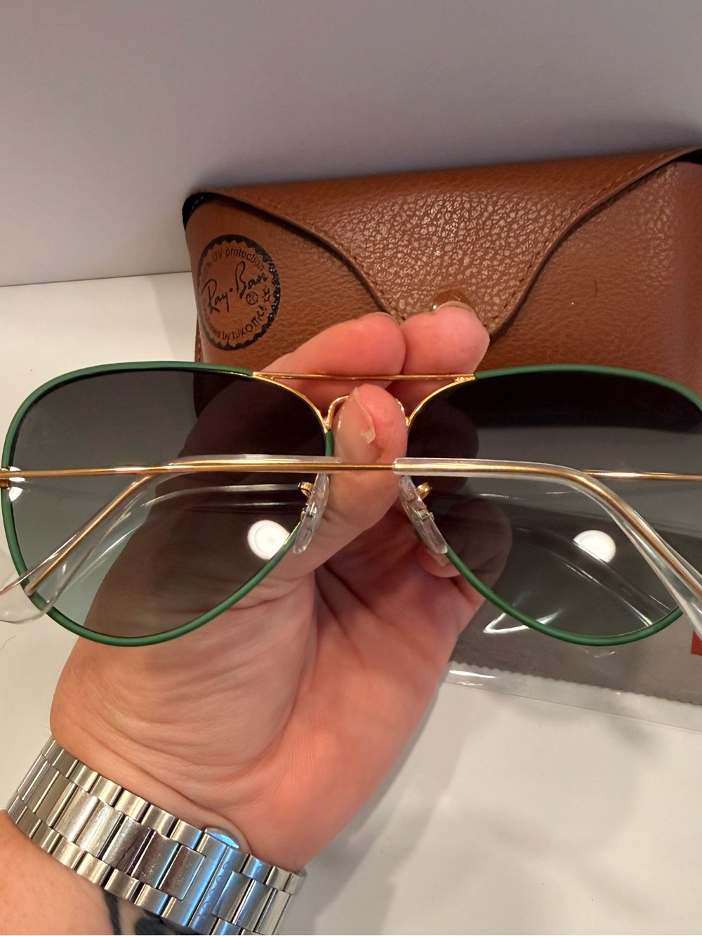Ray-Ban Gold Frame Aviators with Green Trim and Dark Lenses - Picture 2 of 9